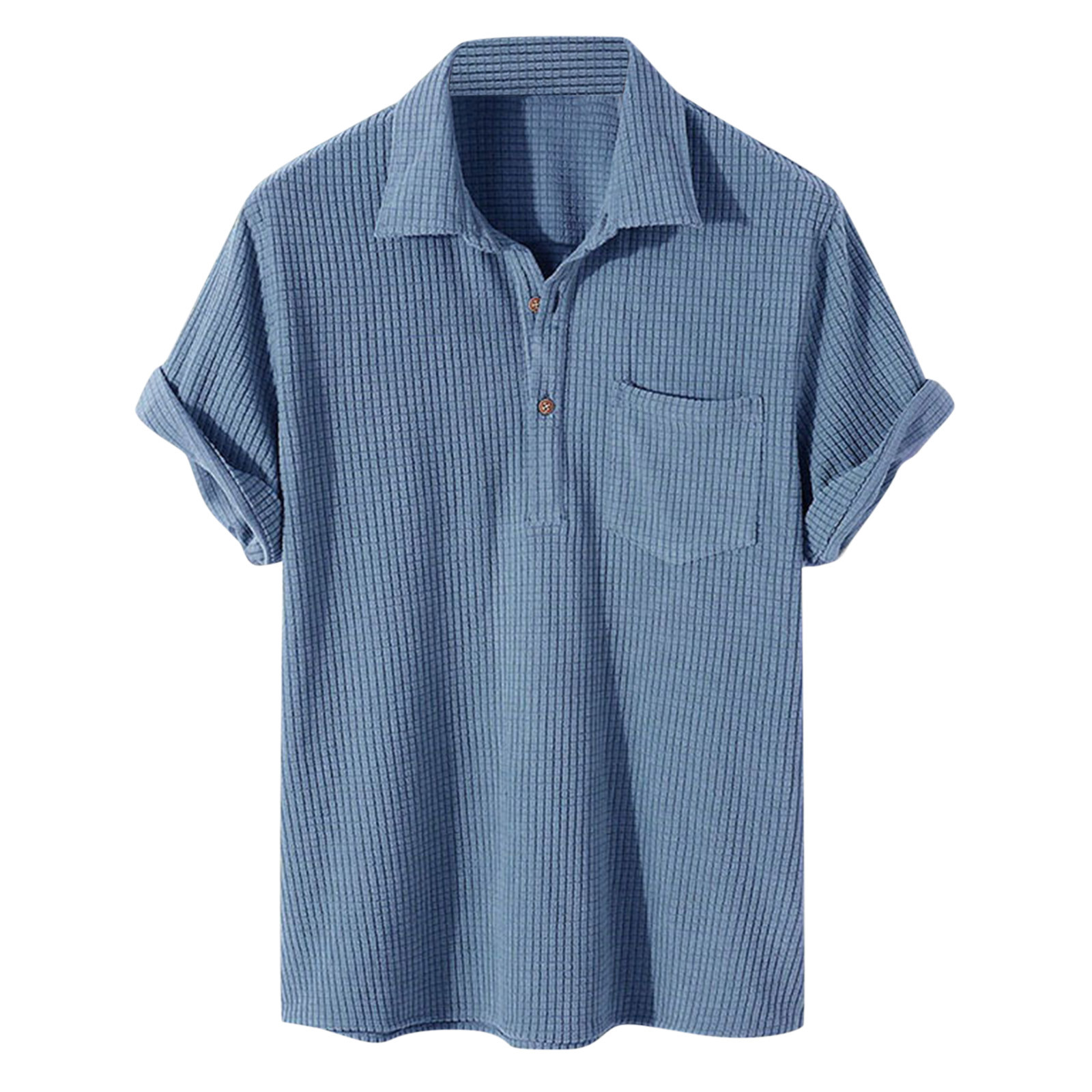 thumbnail image 2 of Camisa de manga corta a cuadros con cuello vuelto para hombre - Poliéster - Camisa informal de verano - Tallas S-XXXL, 2 of 8
